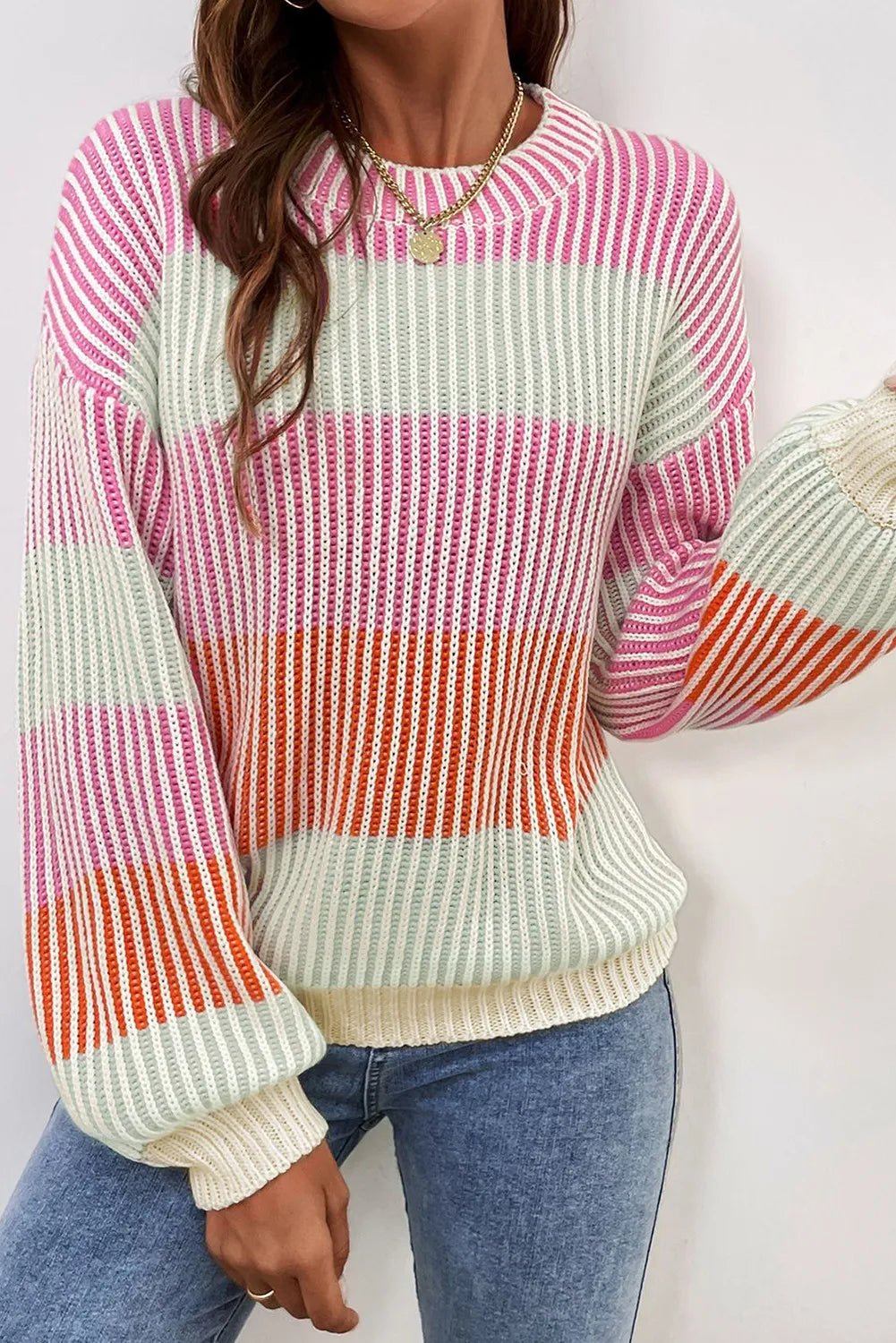 Anke® | Striped long sleeve crew neck sweater with color block design