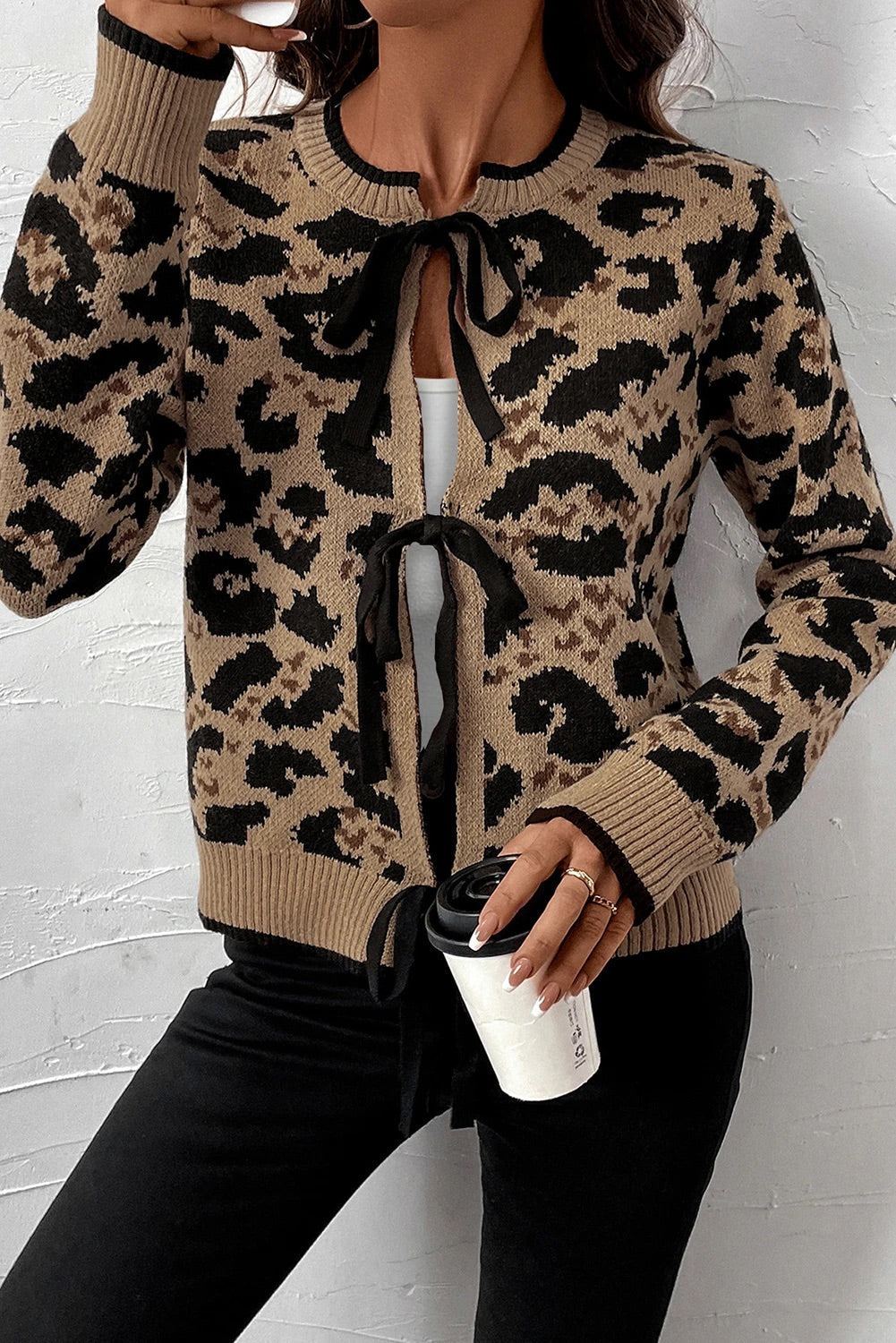 Bella® | Brown knit cardigan with bow tie and leopard print