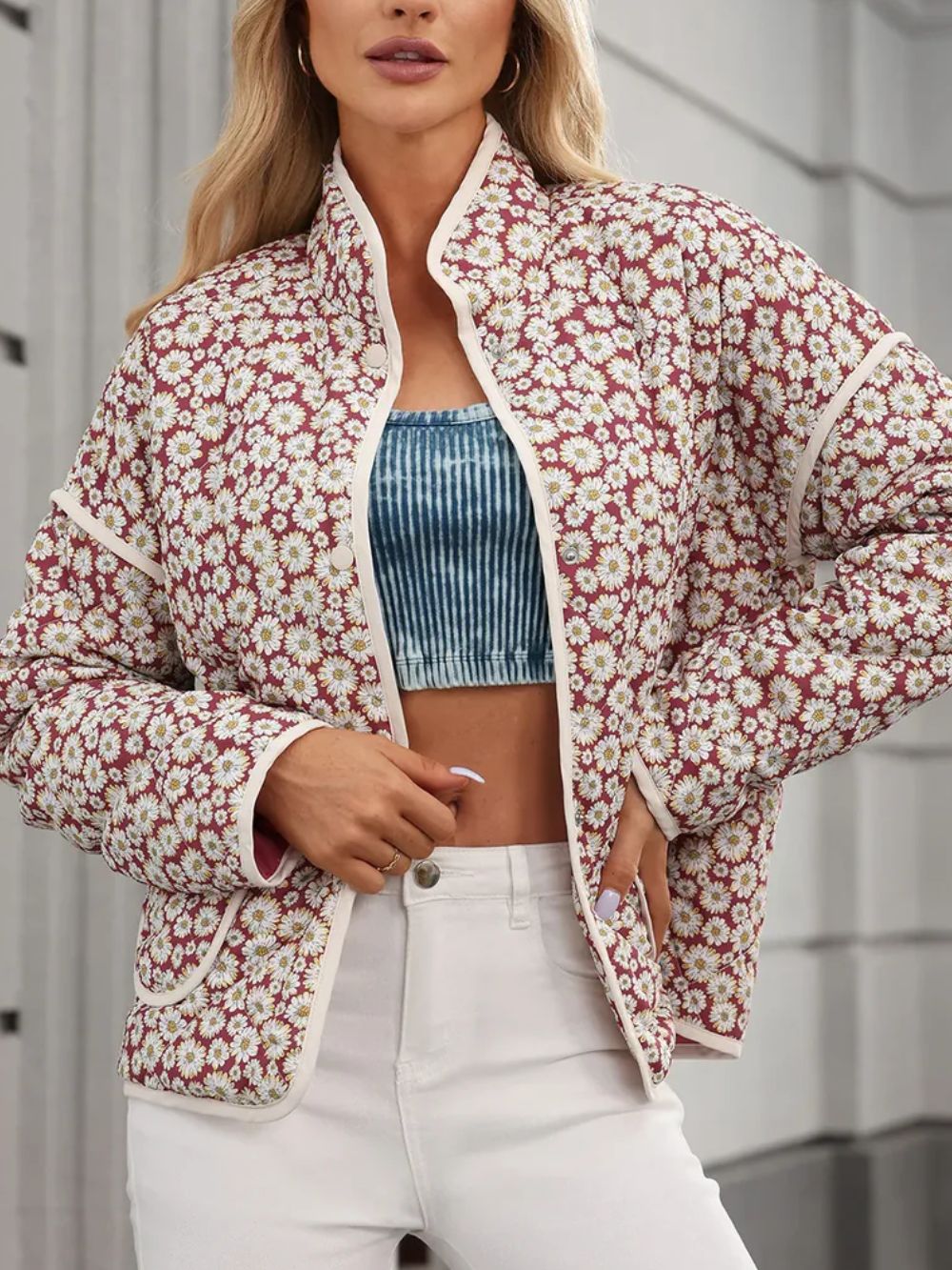 Clara® | Floral print long sleeve outerwear with snap fasteners
