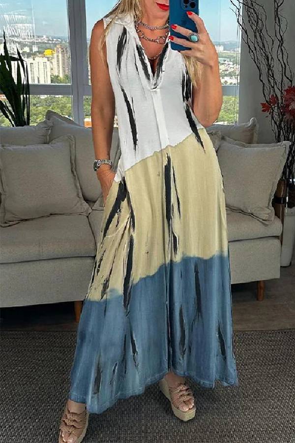 Aurora® | Color block print sleeveless V-neck maxi swing dress