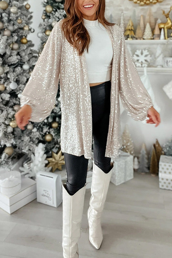 Aranza® | Apricot Sequin Bubble Sleeve Open Front Top