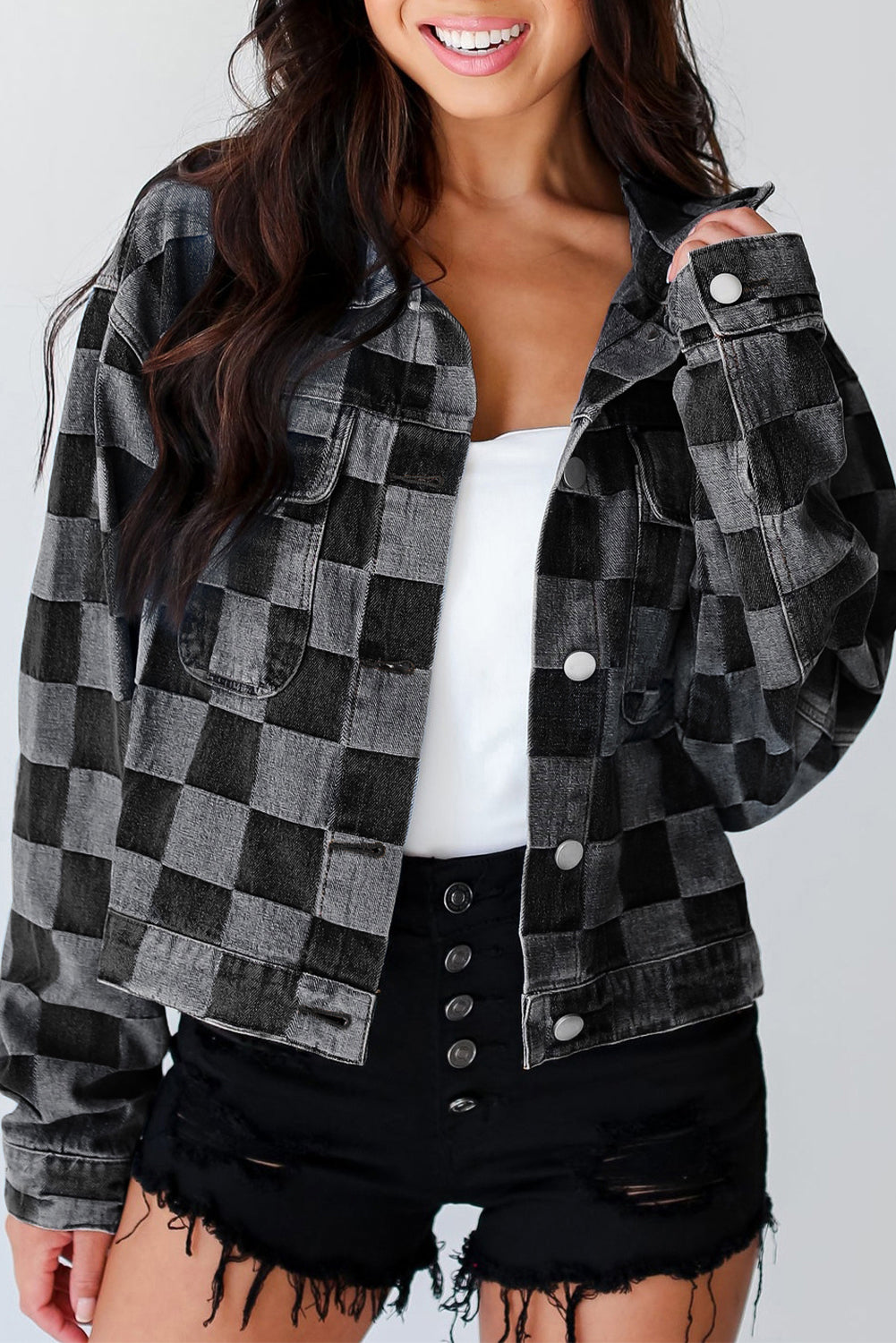 Alicia® | Checked denim jacket with buttons