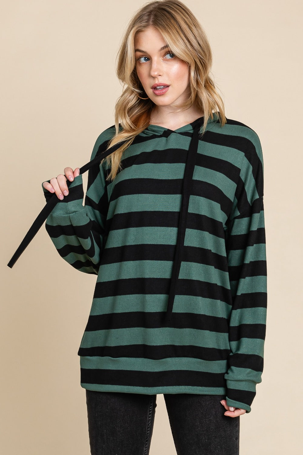 Antonella® | BOMBOM drawstring hoodie with stripes and low shoulders