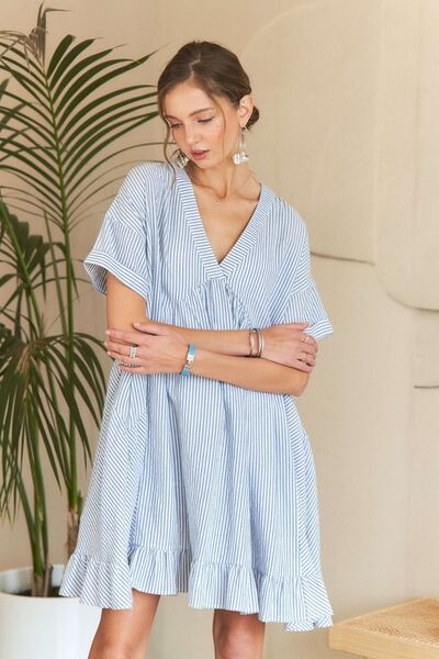 Clarisa® | Striped babydoll dress with ruffle hem and V-neck