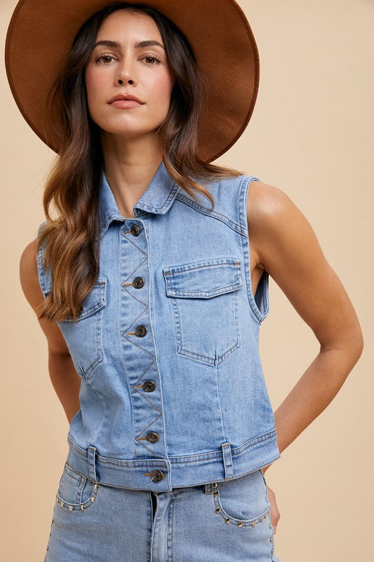 Elara® | Denim vest with collar and button placket