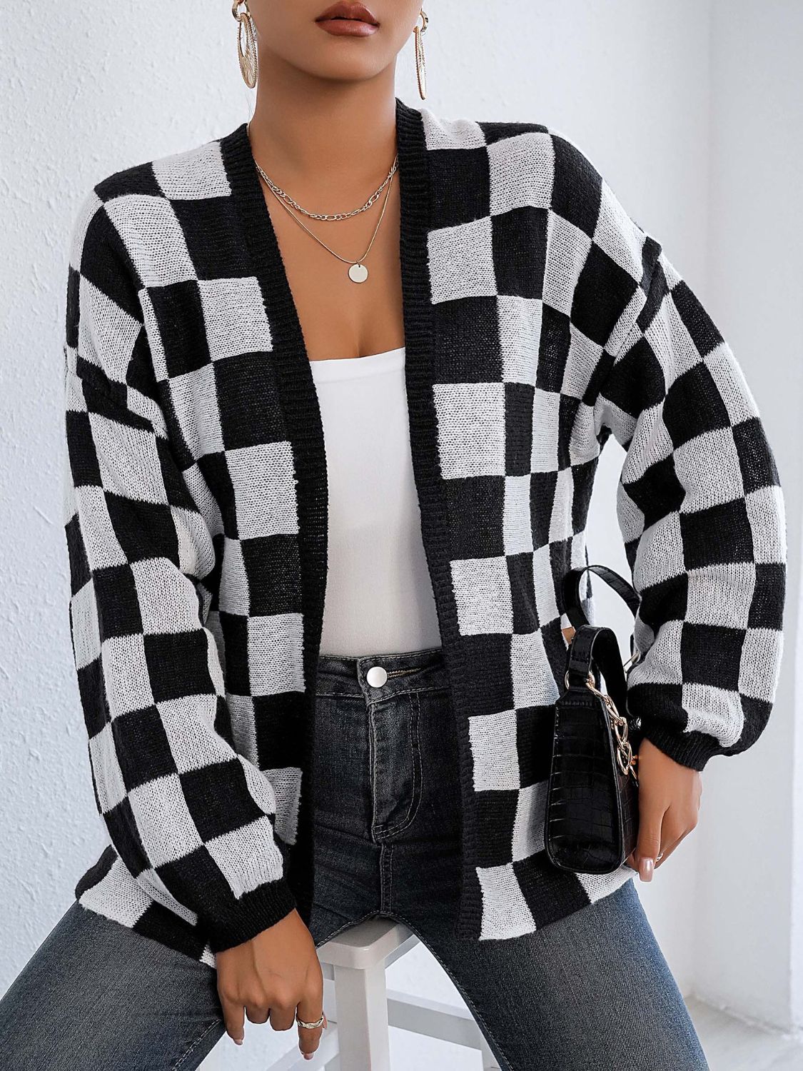 Carolina® | Checked open front long sleeve cardigan
