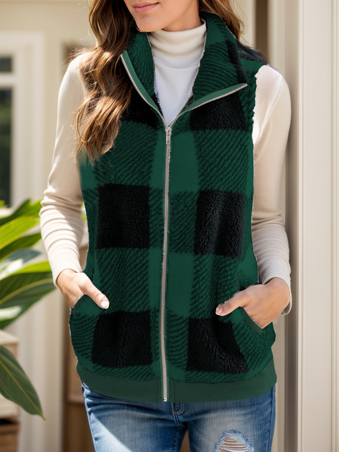 Anja® | Full size checked vest coat with pockets