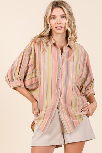 Brianna® | Striped button-down shirt with bubble sleeves