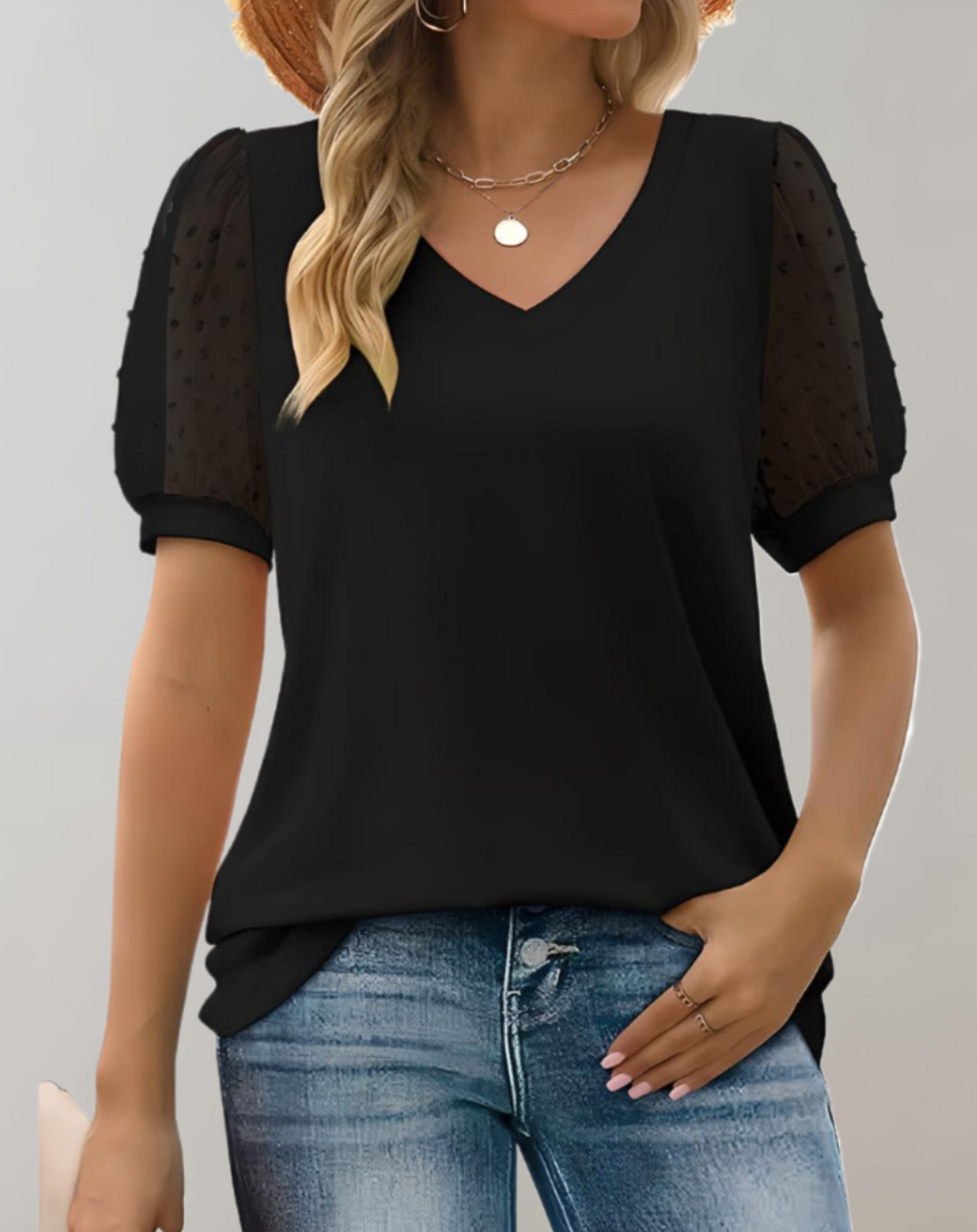 Brost® | Solid Color Casual Blouse With Short Puff Sleeves And V-Neck