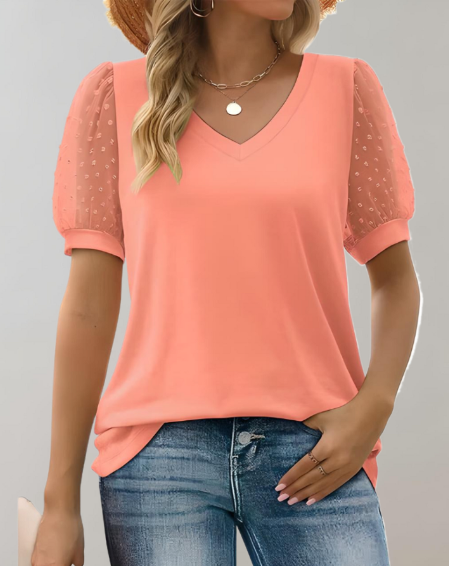 Brost® | Solid Color Casual Blouse With Short Puff Sleeves And V-Neck