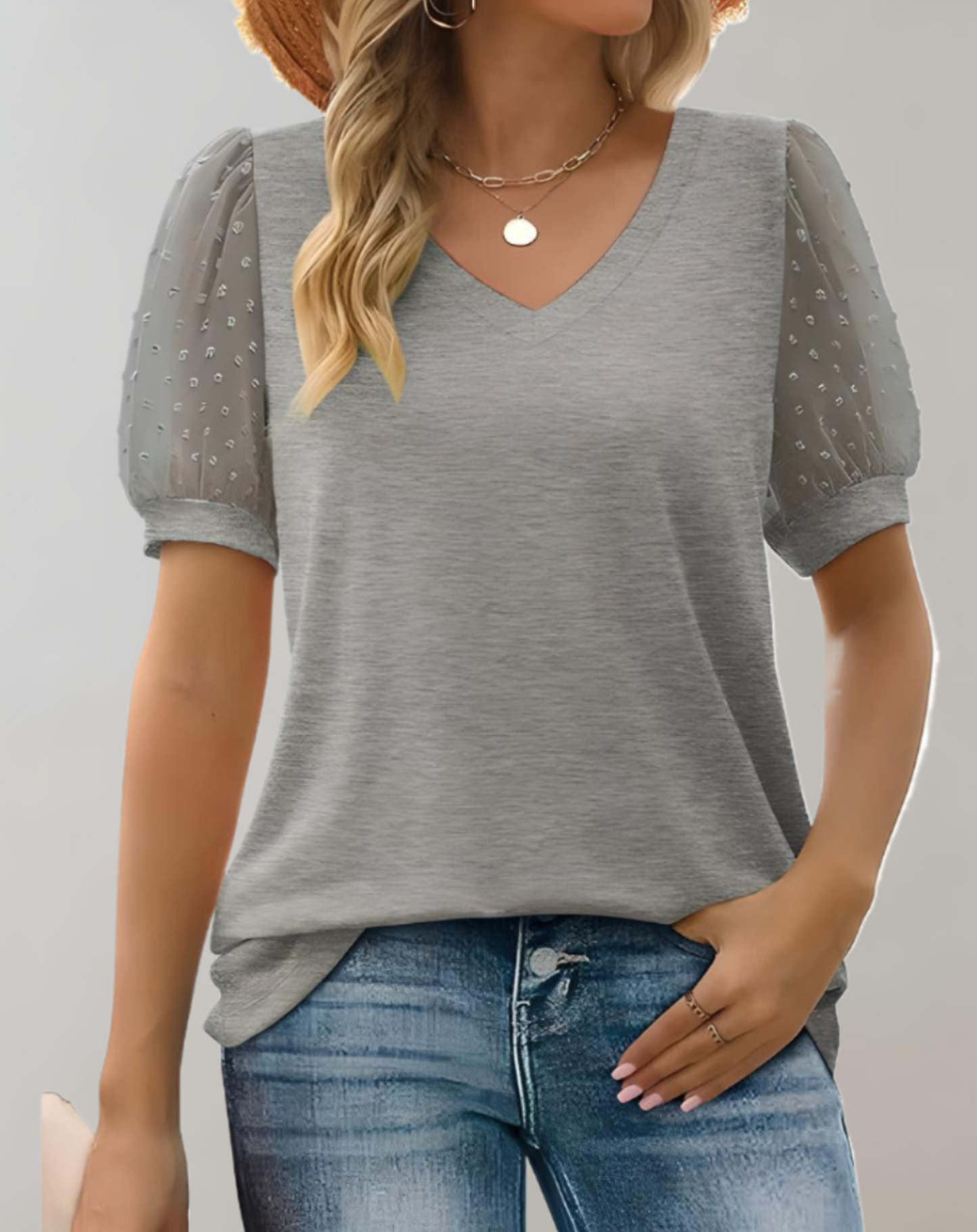 Brost® | Solid Color Casual Blouse With Short Puff Sleeves And V-Neck
