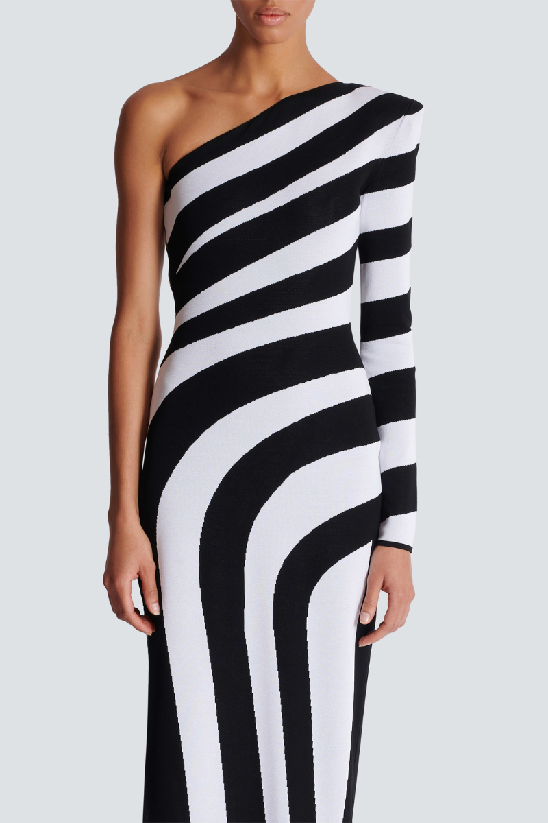 Alicia® | One-Shoulder Slit, Asymmetric Striped Maxi Dress
