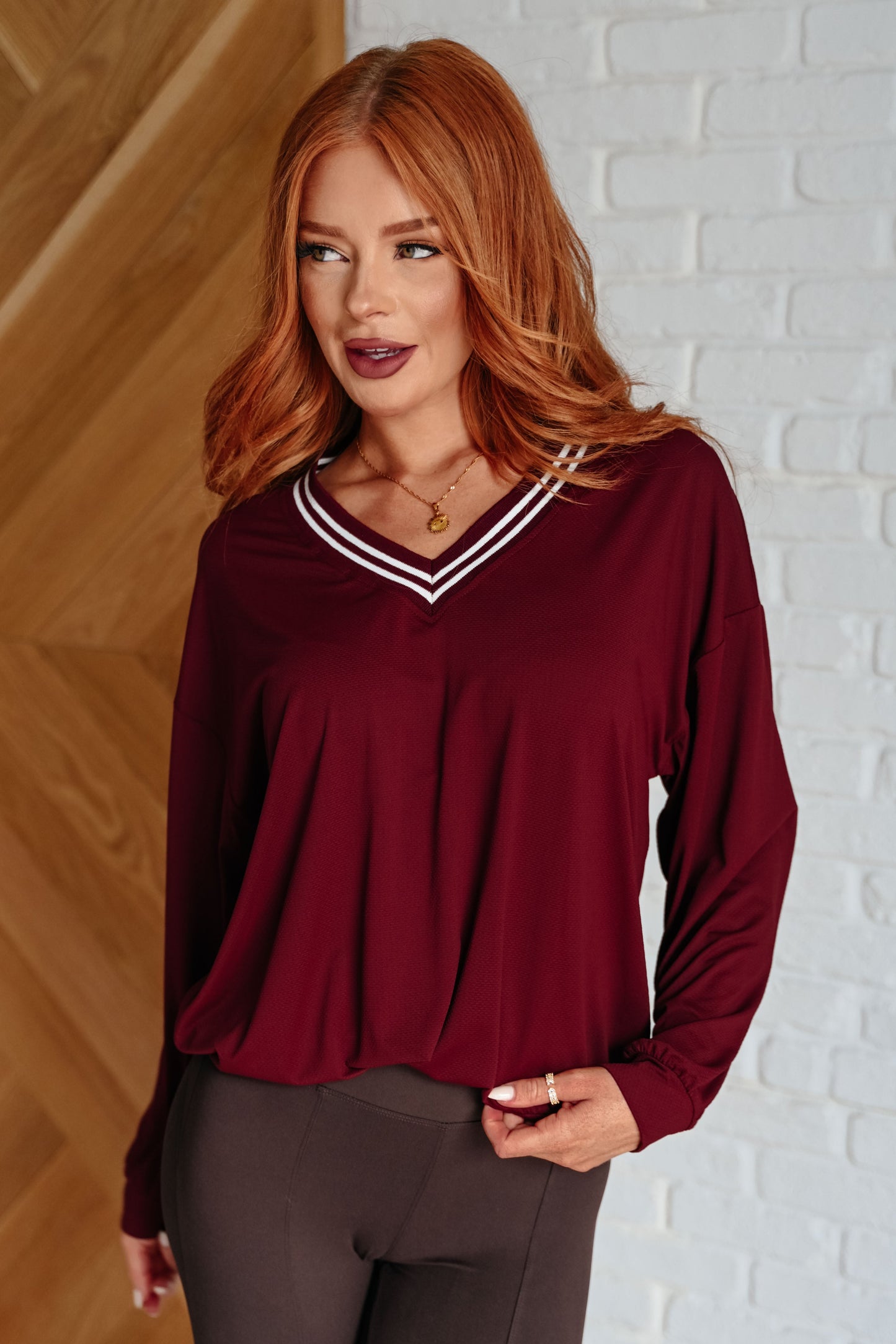 Bruna® | All Out Comfort V-neck sweater in Red Merlot