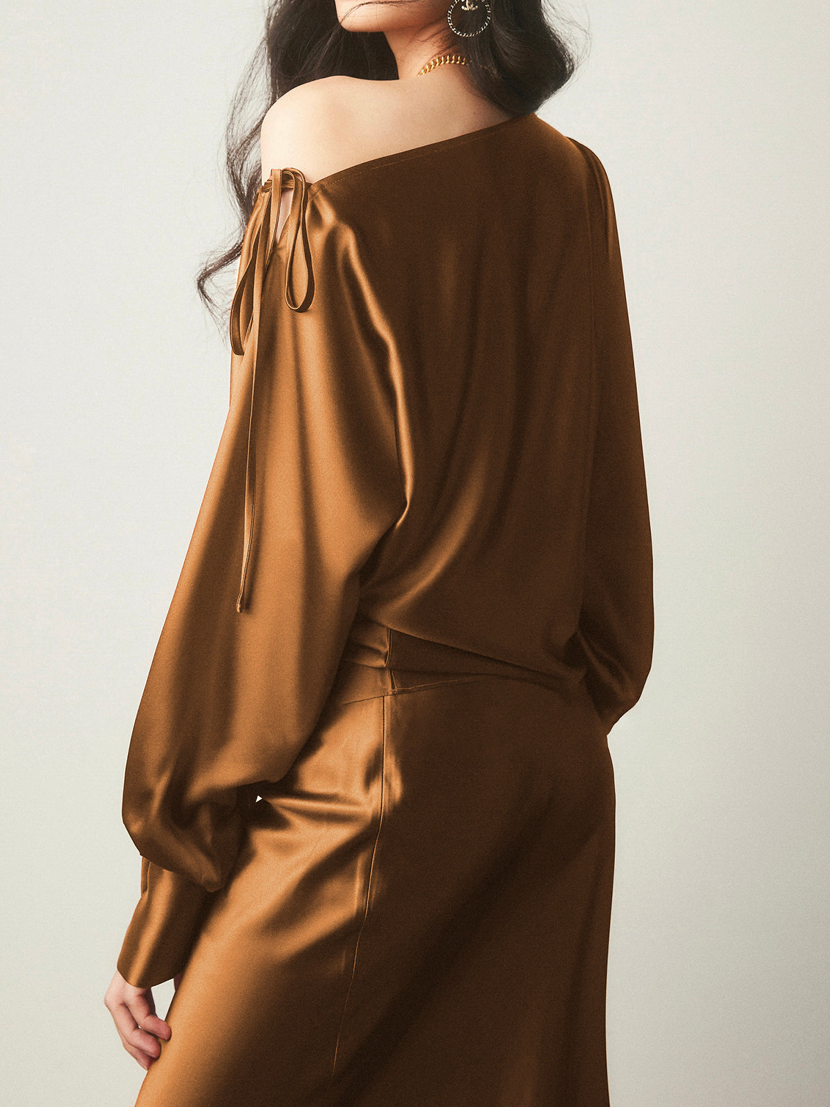 Bretanya® | Asymmetrical Satin Blouse With Cold Shoulder