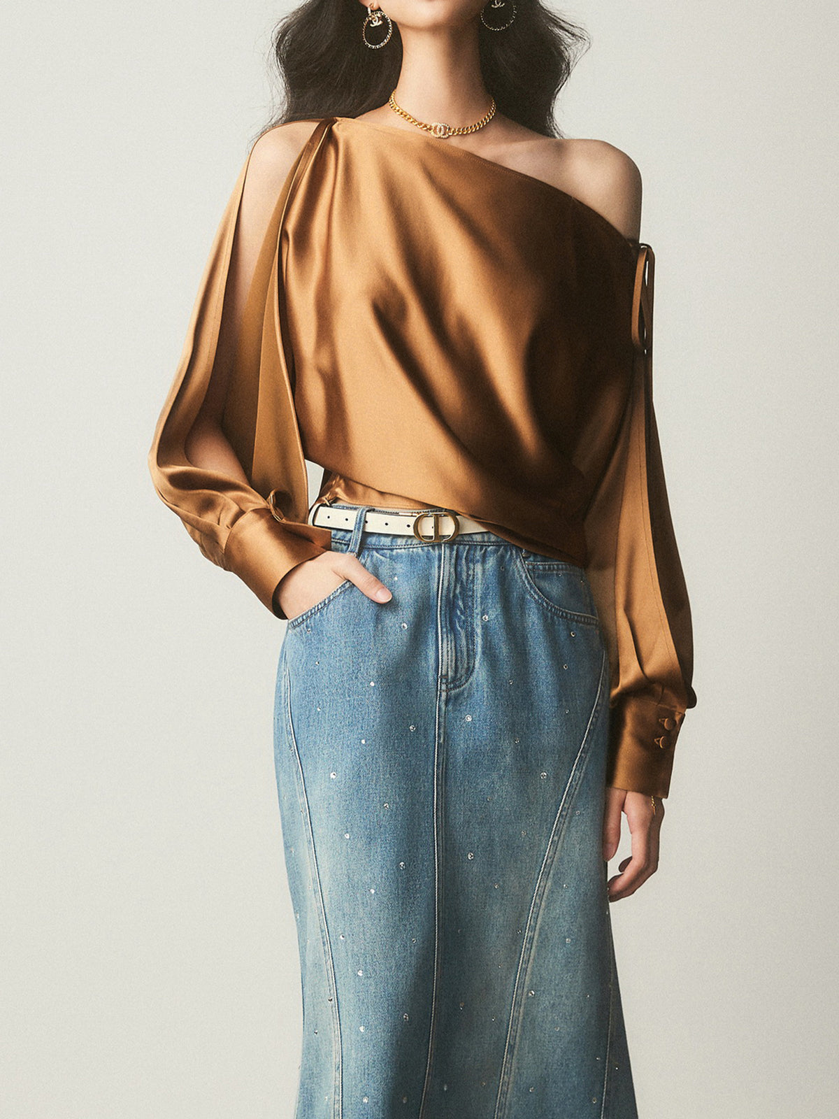 Bretanya® | Asymmetrical Satin Blouse With Cold Shoulder