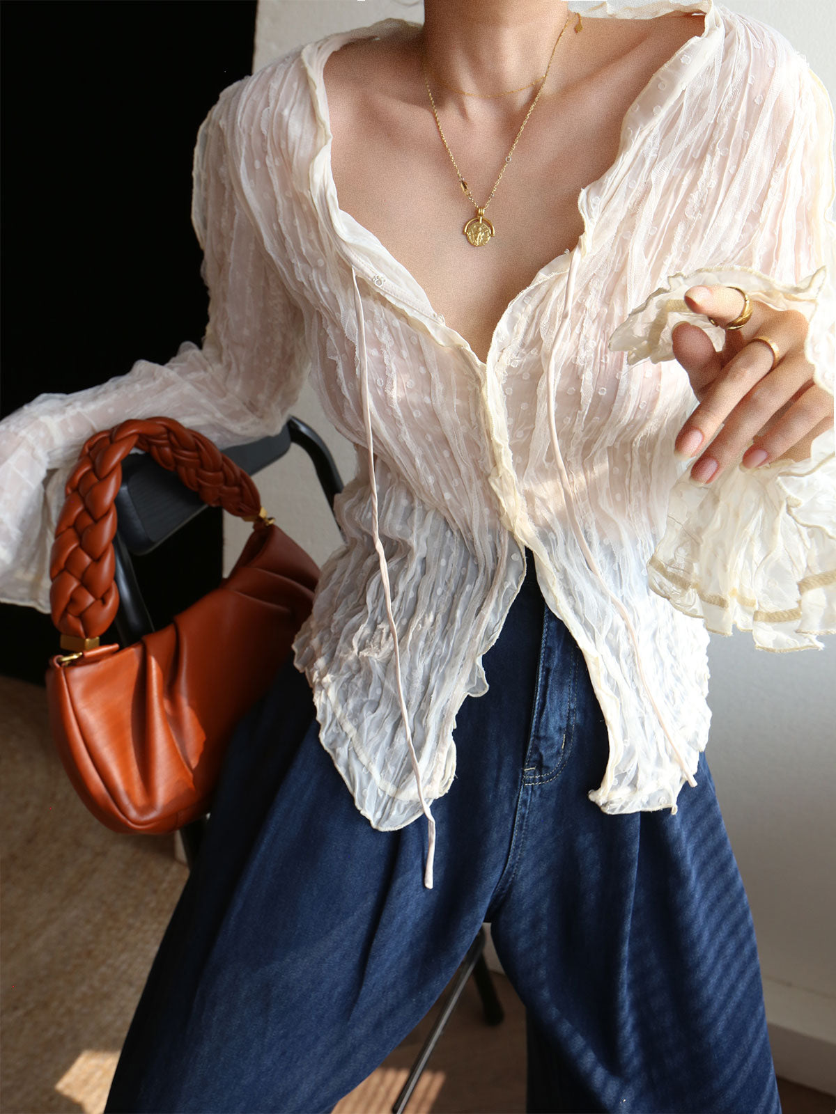 Bretania® | Chiffon Blouse With Ruffle Trim And Long Sleeves