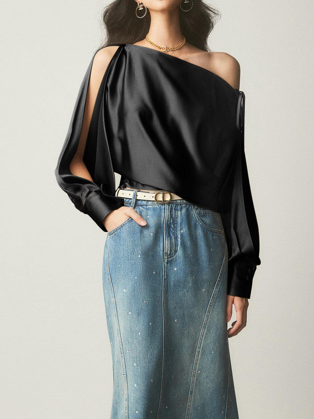 Bretanya® | Asymmetrical Satin Blouse With Cold Shoulder