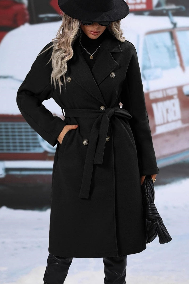 Women’s Long Coat – Wool Blend – Relaxed Fit – Double-Breasted – Belted Lapel Style