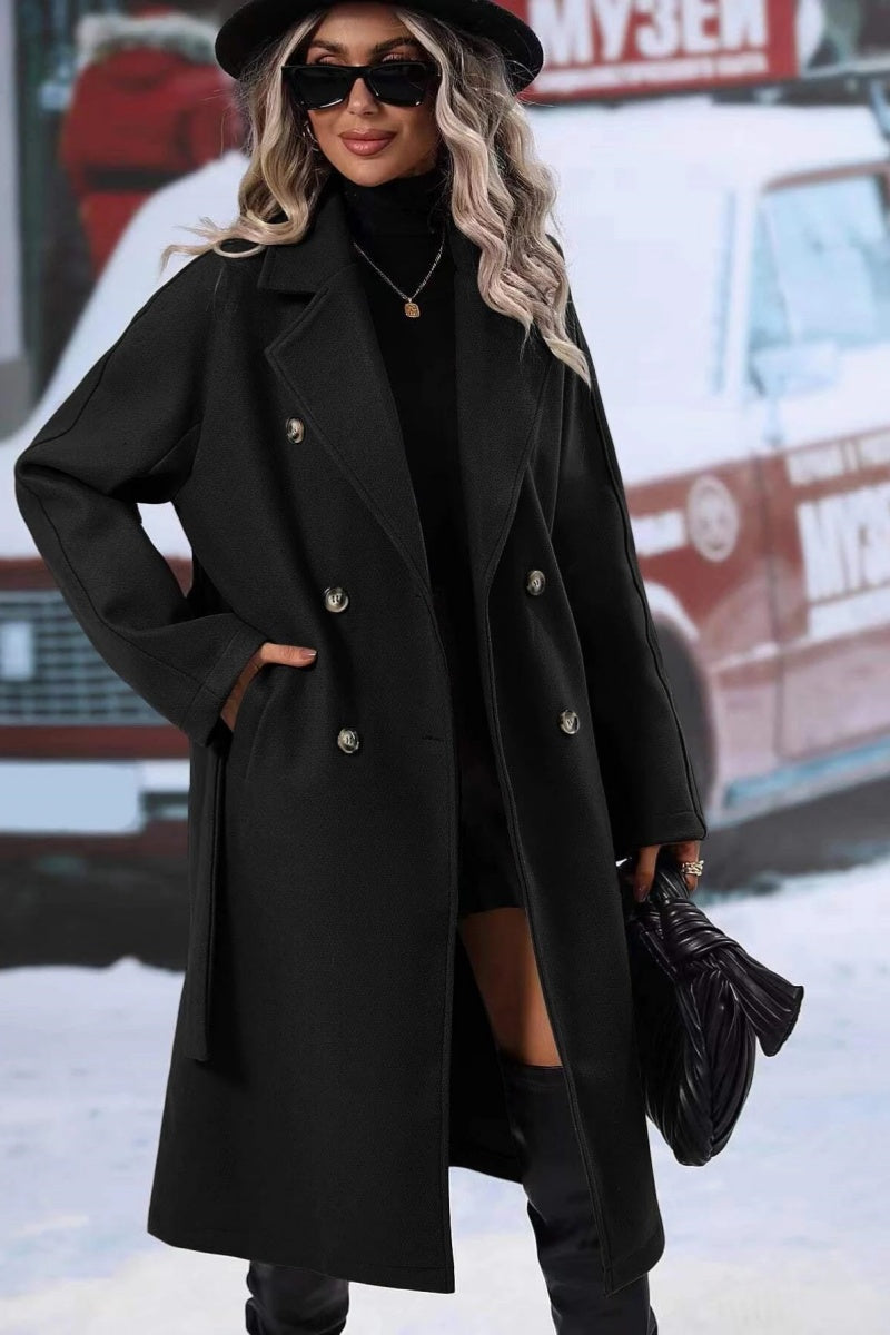 Women’s Long Coat – Wool Blend – Relaxed Fit – Double-Breasted – Belted Lapel Style