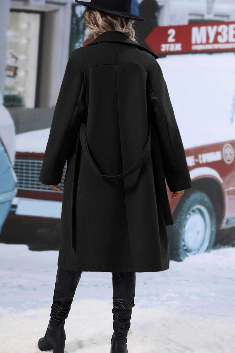Women’s Long Coat – Wool Blend – Relaxed Fit – Double-Breasted – Belted Lapel Style