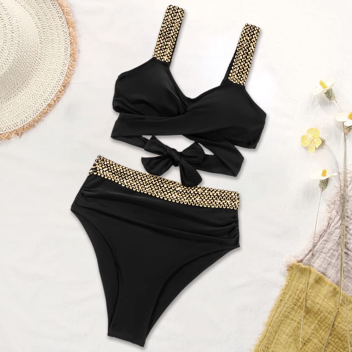 Alma® | Gold-colored bikini with cross-shoulder strap and high waist