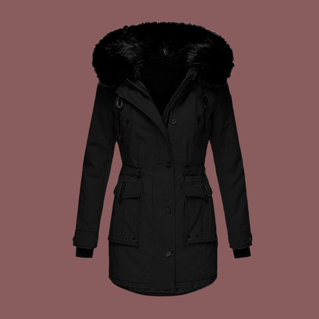 Women’s Waterproof Jacket – Tailored Fit – Mid-Length – Hooded with Faux Fur Trim