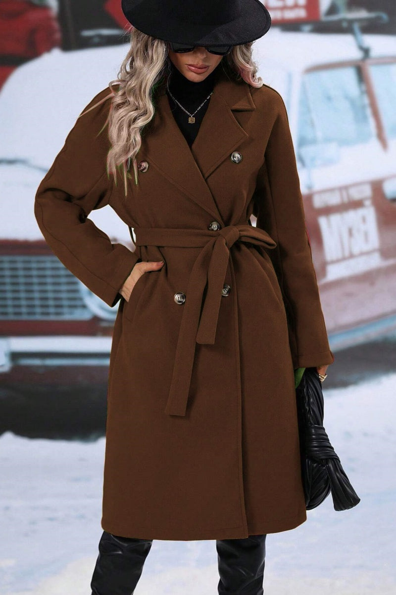Women’s Long Coat – Wool Blend – Relaxed Fit – Double-Breasted – Belted Lapel Style