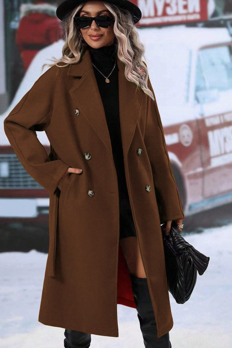 Women’s Long Coat – Wool Blend – Relaxed Fit – Double-Breasted – Belted Lapel Style