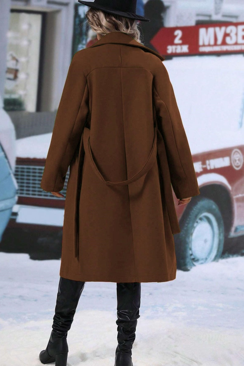 Women’s Long Coat – Wool Blend – Relaxed Fit – Double-Breasted – Belted Lapel Style