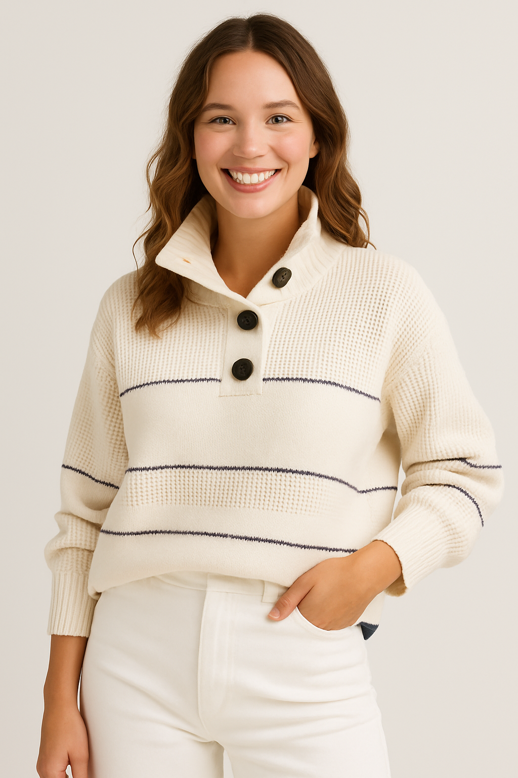 Women’s Knit Pullover – Relaxed Fit – Wool Feel – Button Collar – Ribbed Trim