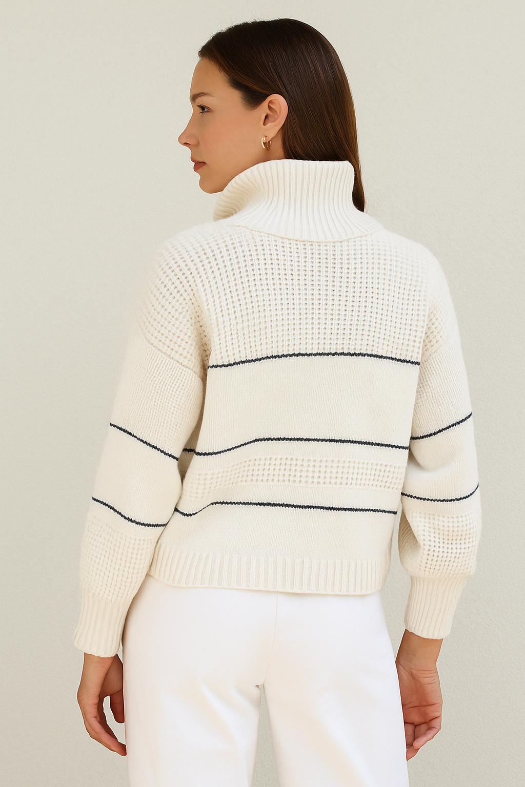 Women’s Knit Pullover – Relaxed Fit – Wool Feel – Button Collar – Ribbed Trim