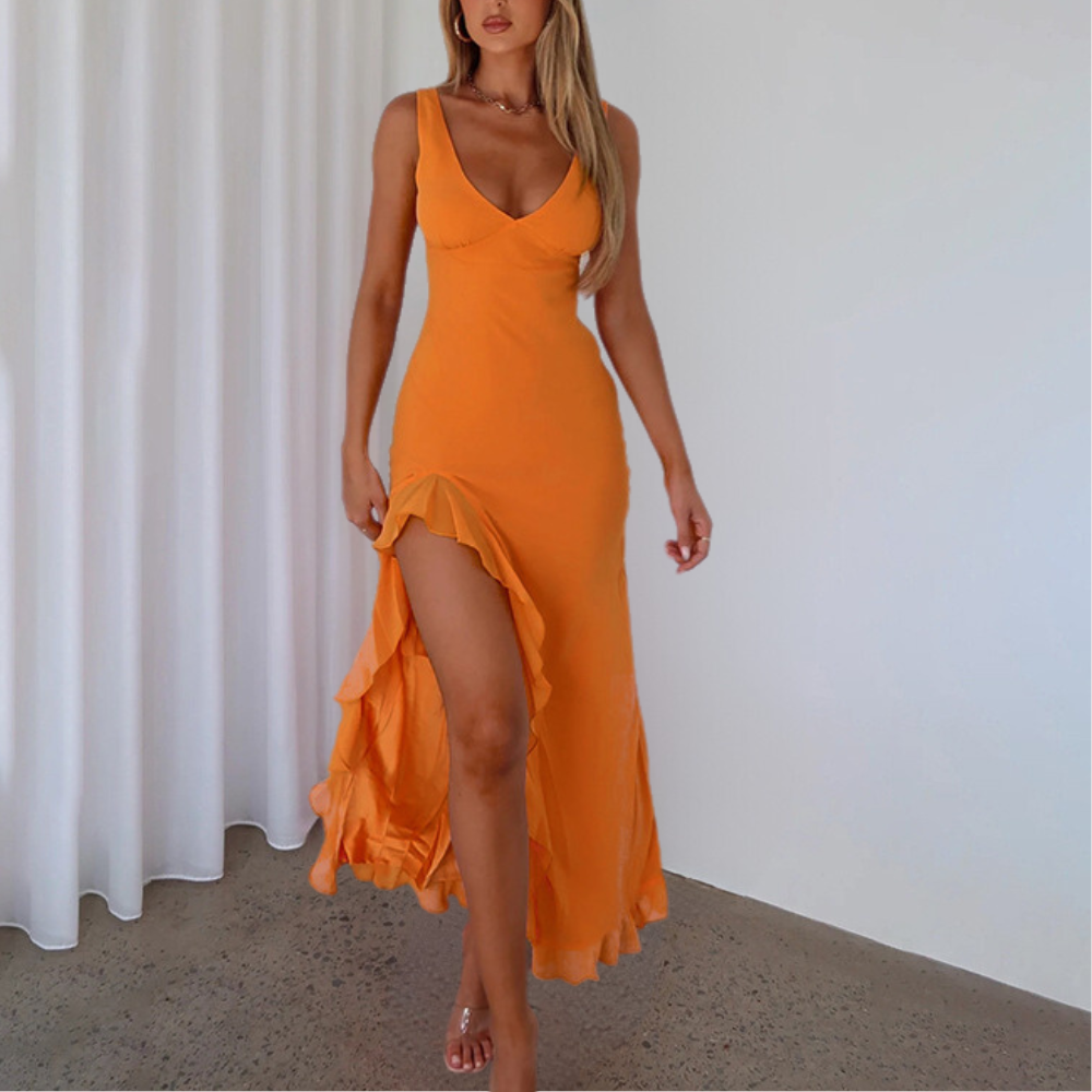 Paige | Elegant Sleeveless V-Neck Maxi Dress with Asymmetrical Slit