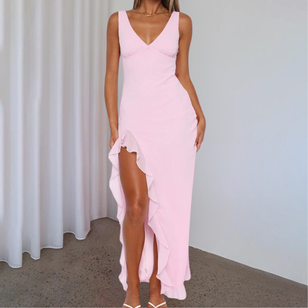 Paige | Elegant Sleeveless V-Neck Maxi Dress with Asymmetrical Slit