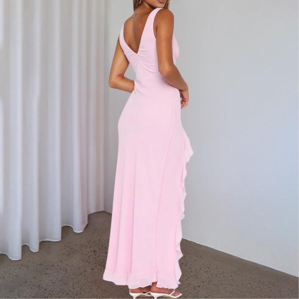 Paige | Elegant Sleeveless V-Neck Maxi Dress with Asymmetrical Slit