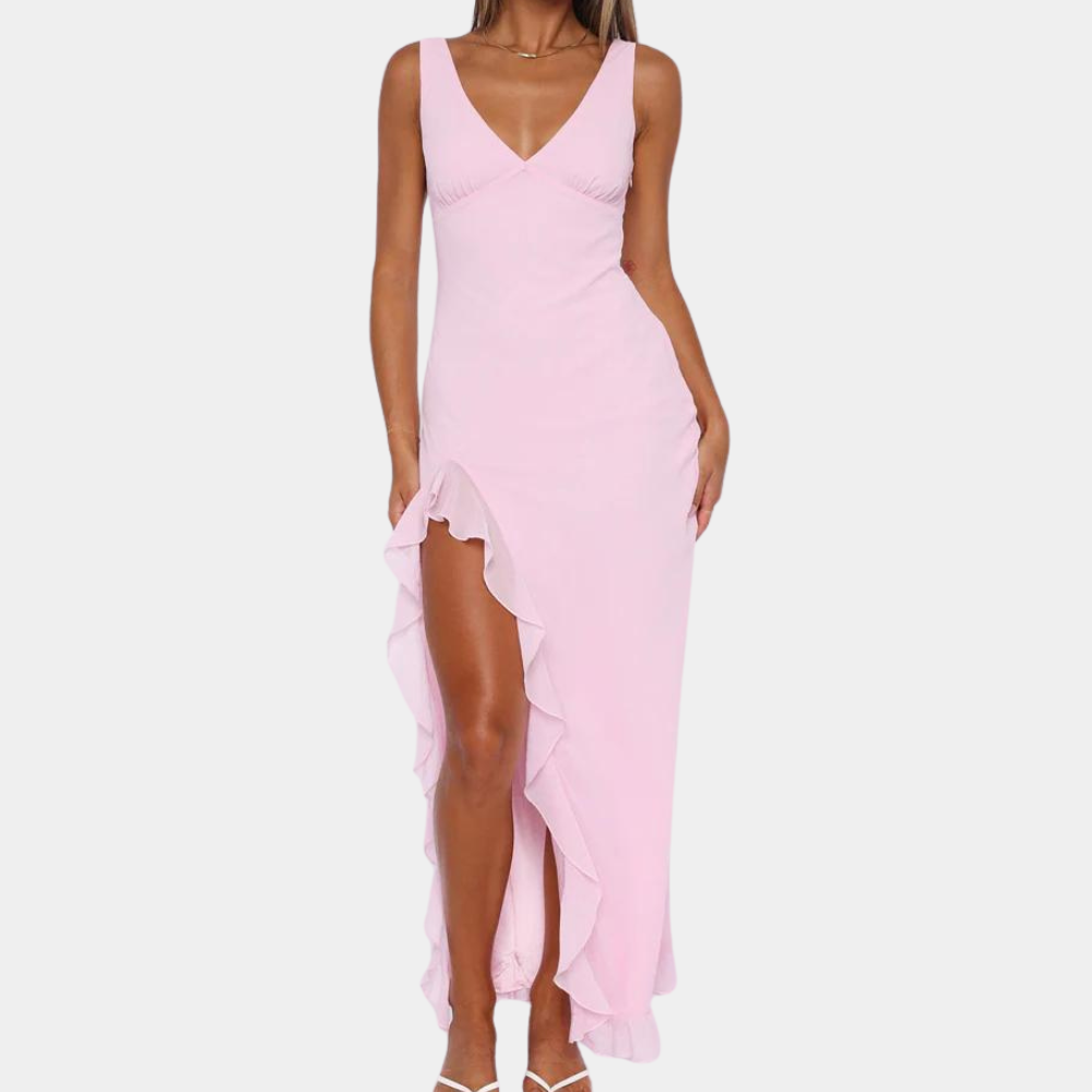Paige | Elegant Sleeveless V-Neck Maxi Dress with Asymmetrical Slit