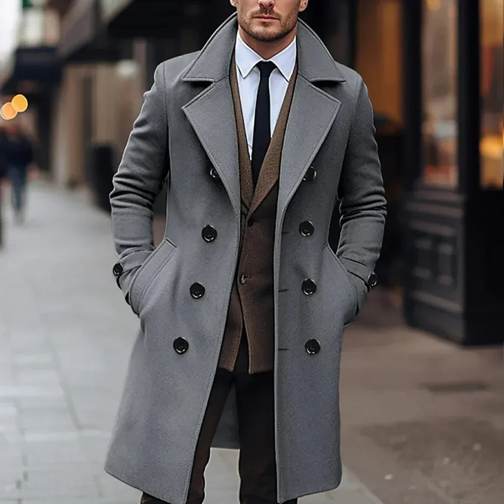 Men’s Overcoat – Tailored Fit – Wool Blend – Double-Breasted – Formal Knee Length