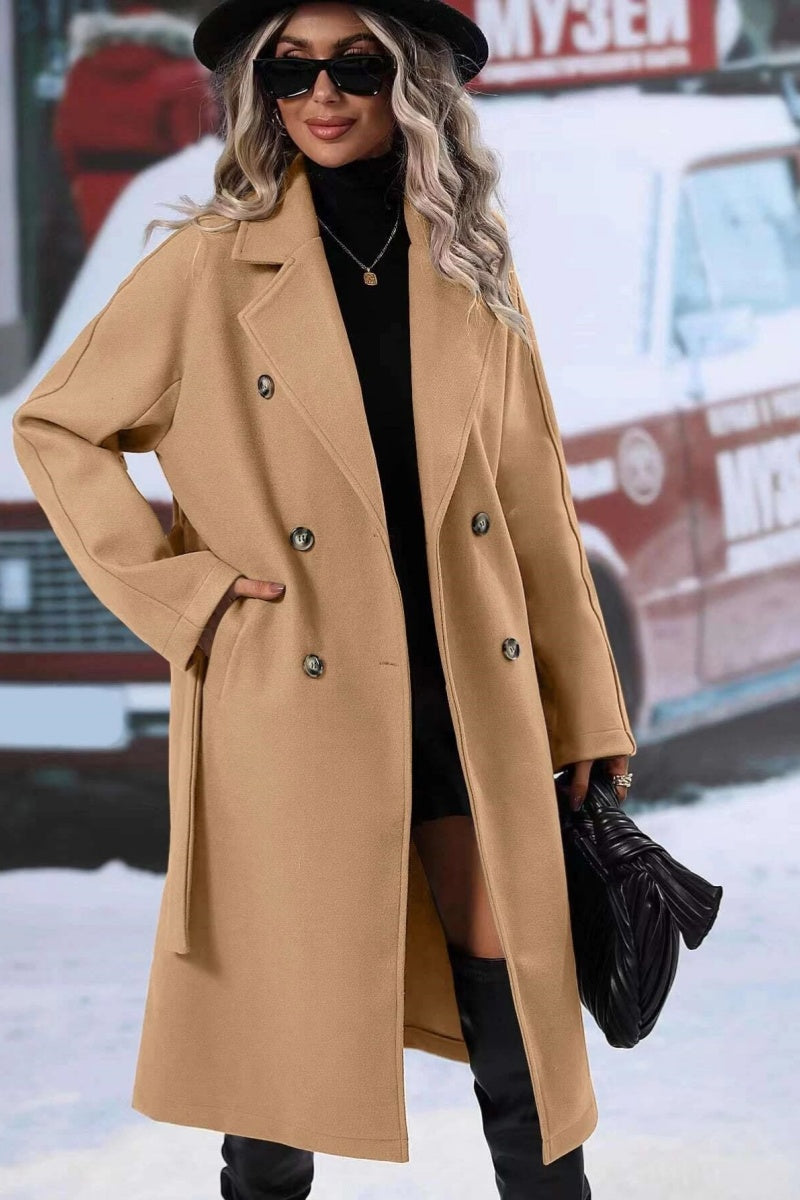 Women’s Long Coat – Wool Blend – Relaxed Fit – Double-Breasted – Belted Lapel Style