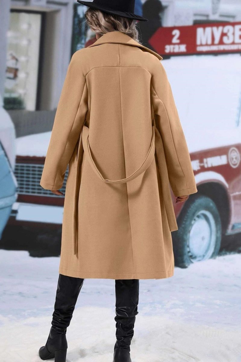 Women’s Long Coat – Wool Blend – Relaxed Fit – Double-Breasted – Belted Lapel Style