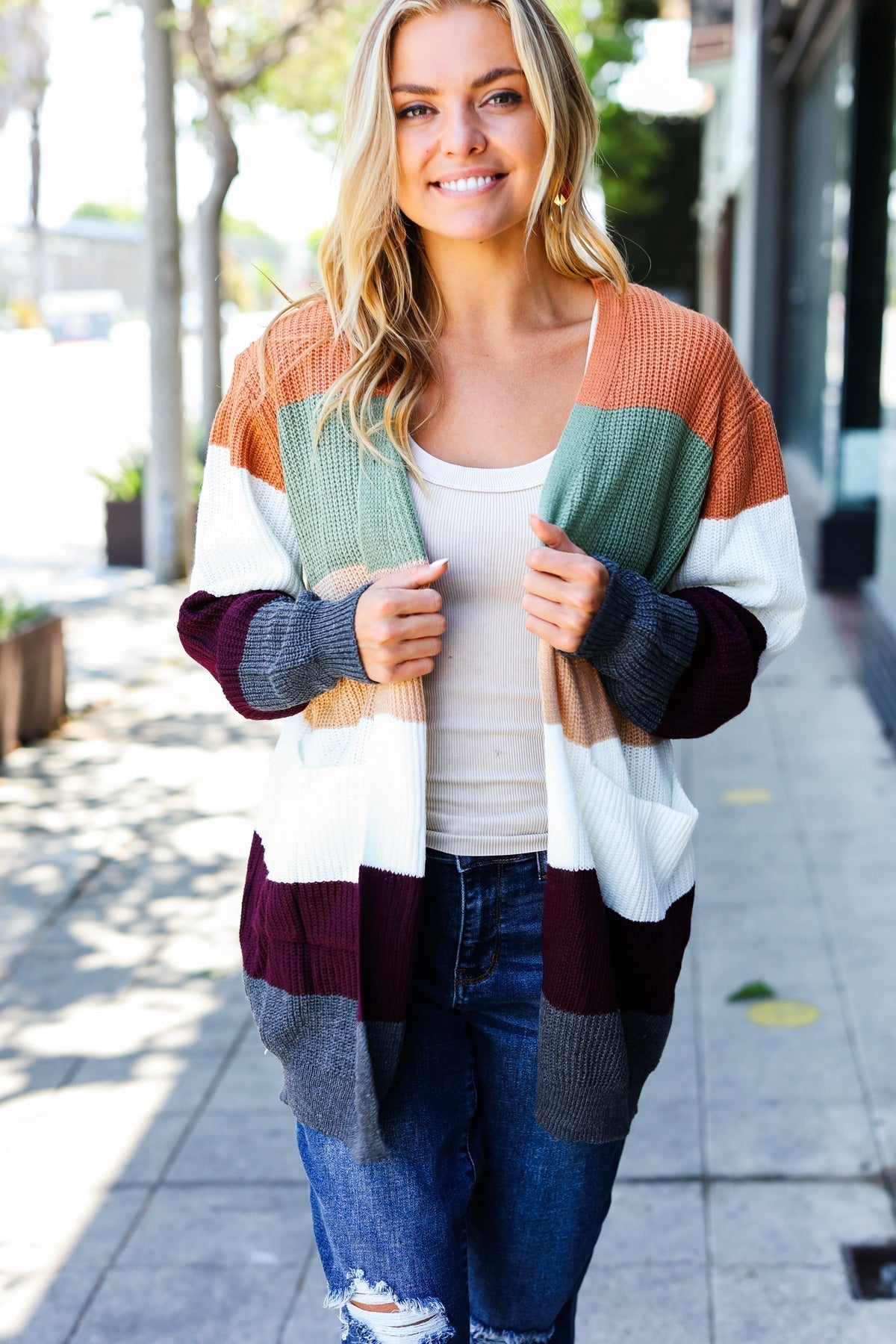 Elfriede® | Put together an open cardigan in a plum and olive color block design