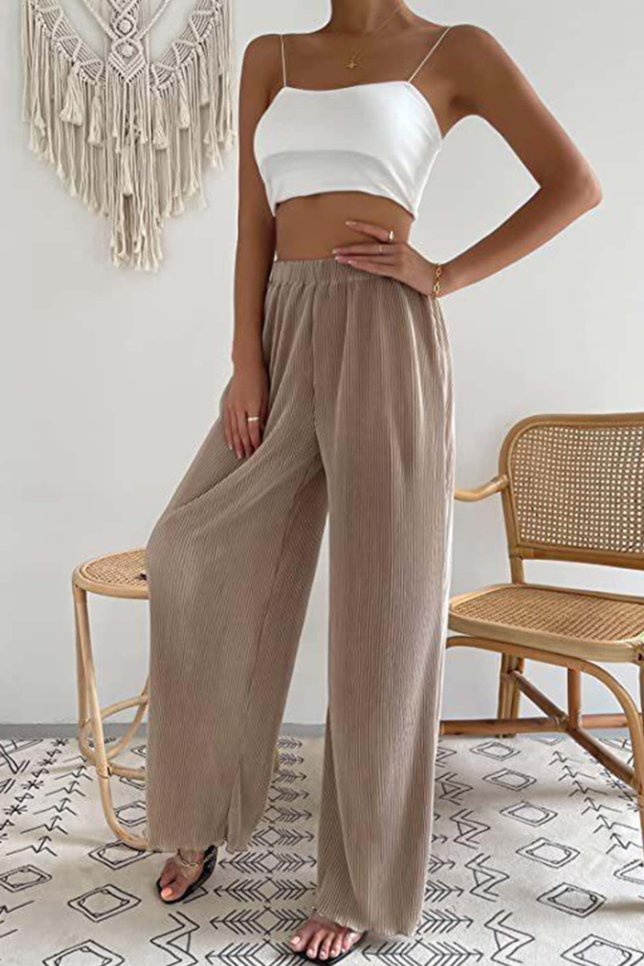 Barbara® | Casual Solid Color Elastic Waist Long Wide Leg Pants