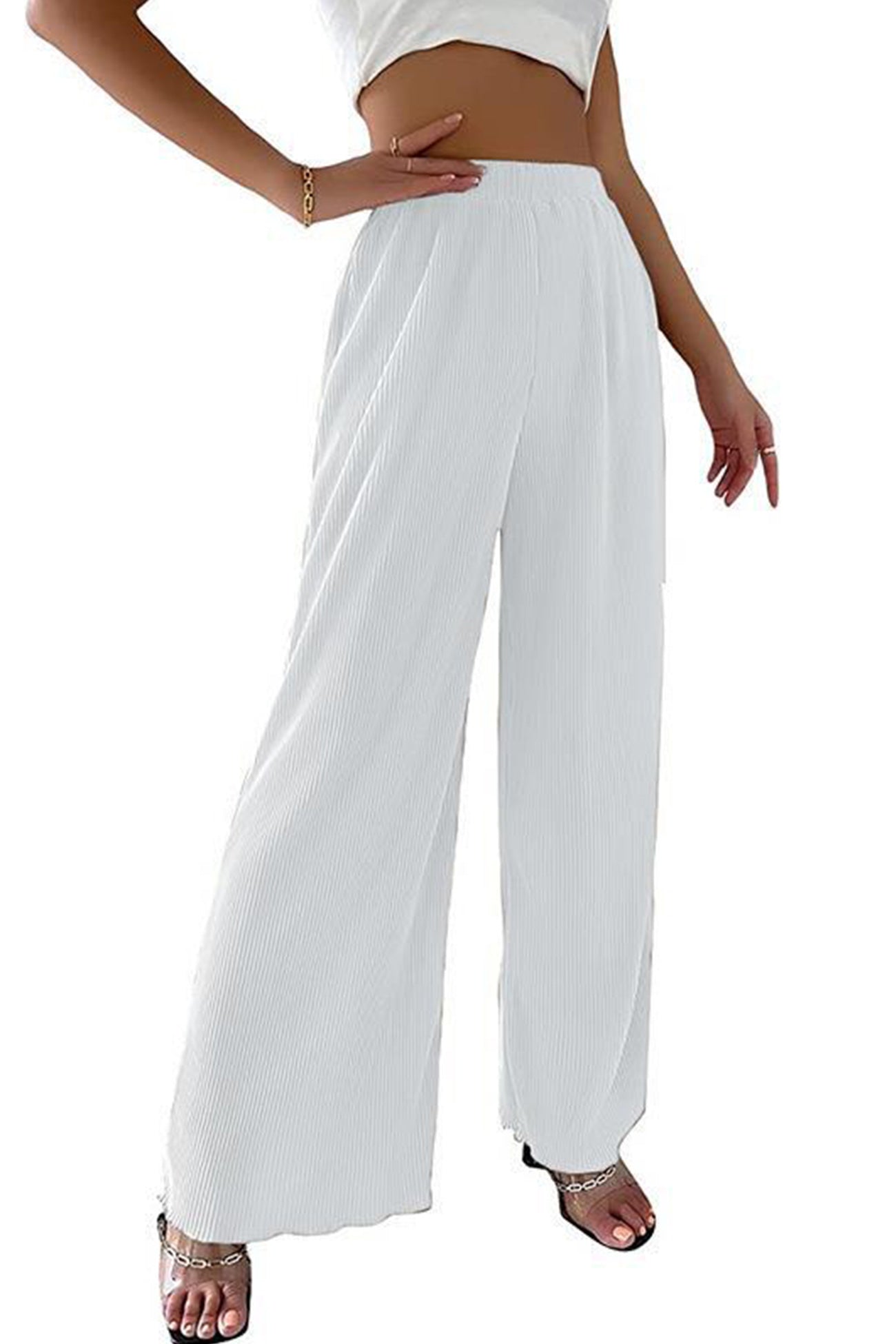 Barbara® | Casual Solid Color Elastic Waist Long Wide Leg Pants