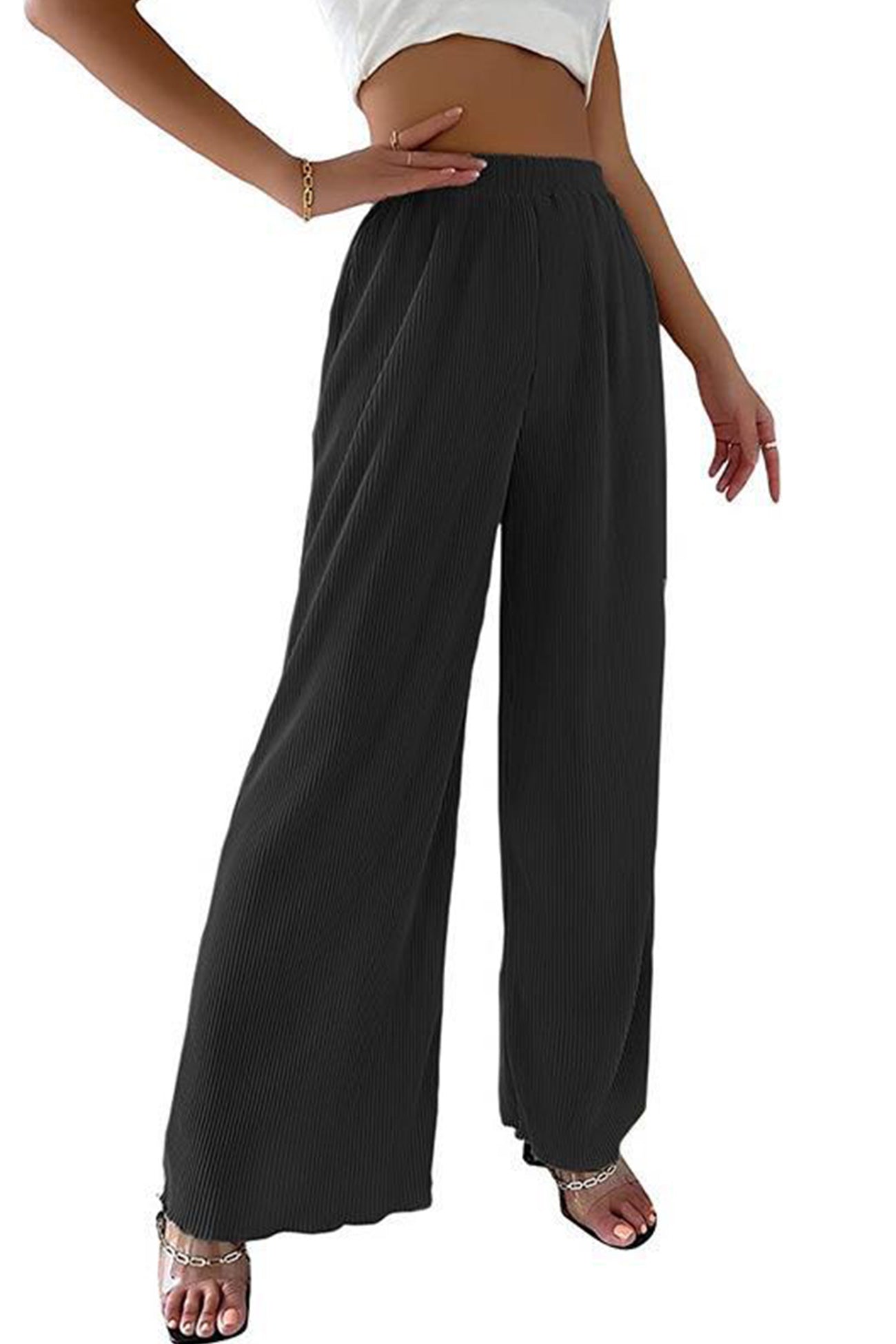 Barbara® | Casual Solid Color Elastic Waist Long Wide Leg Pants