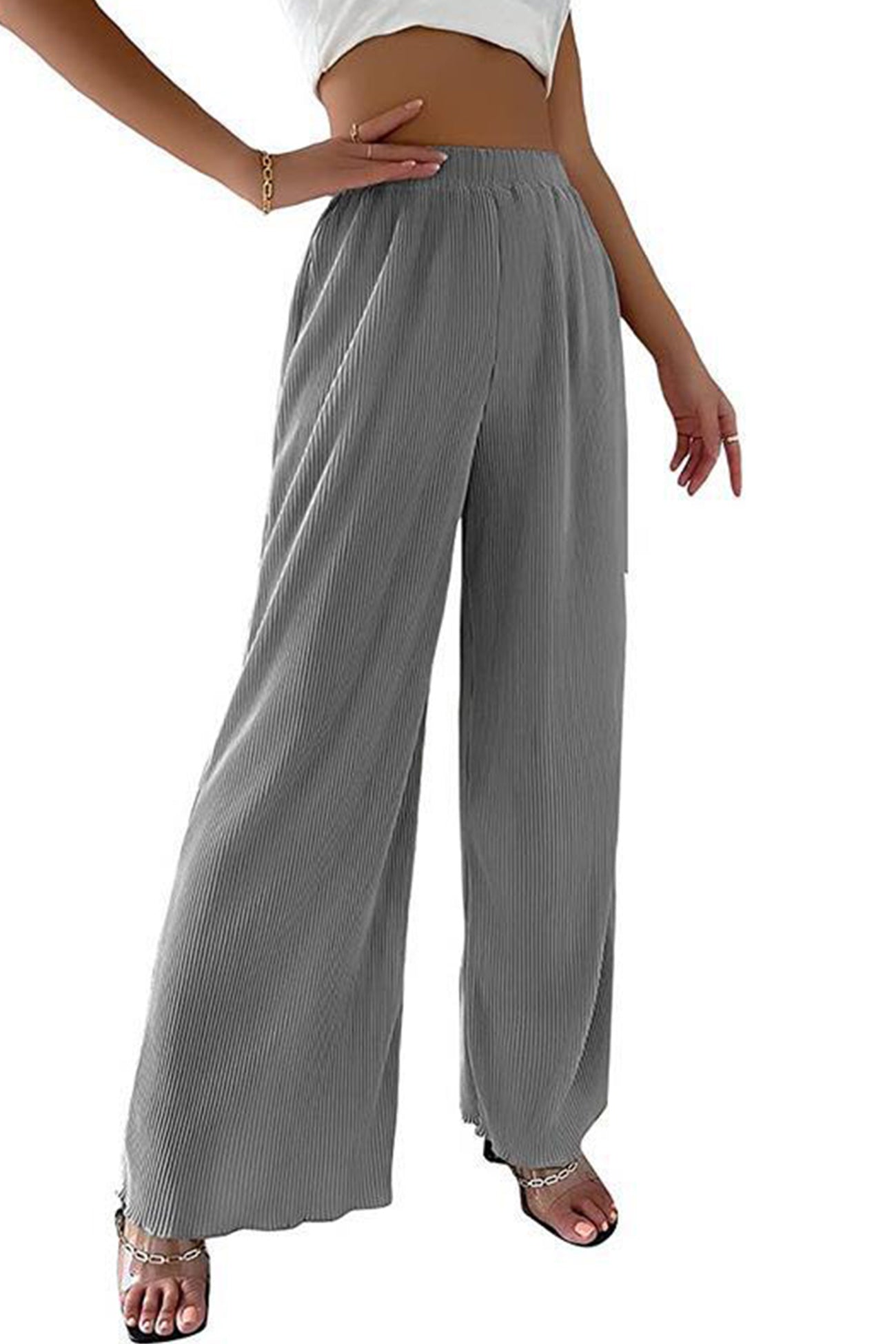 Barbara® | Casual Solid Color Elastic Waist Long Wide Leg Pants