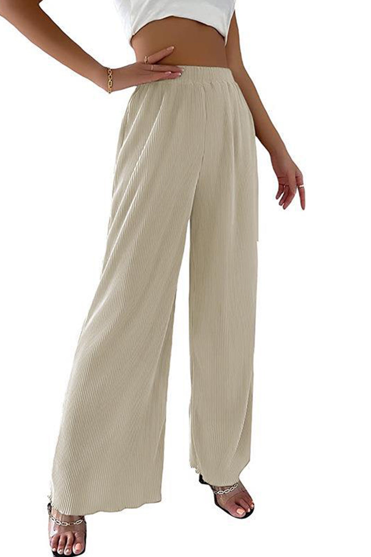 Barbara® | Casual Solid Color Elastic Waist Long Wide Leg Pants