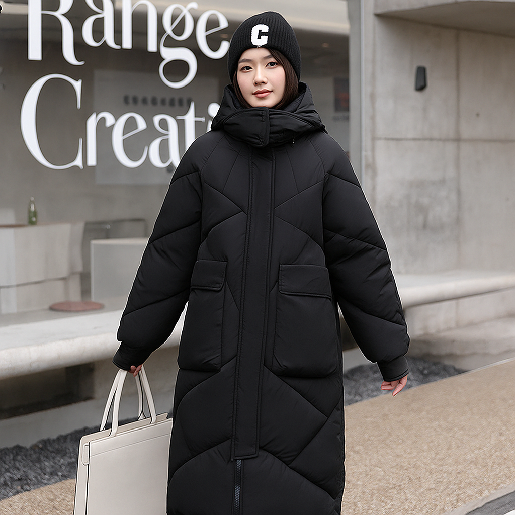 Women’s Quilted Coat – Oversized Fit – Padded Mid-Length – Hooded High Collar
