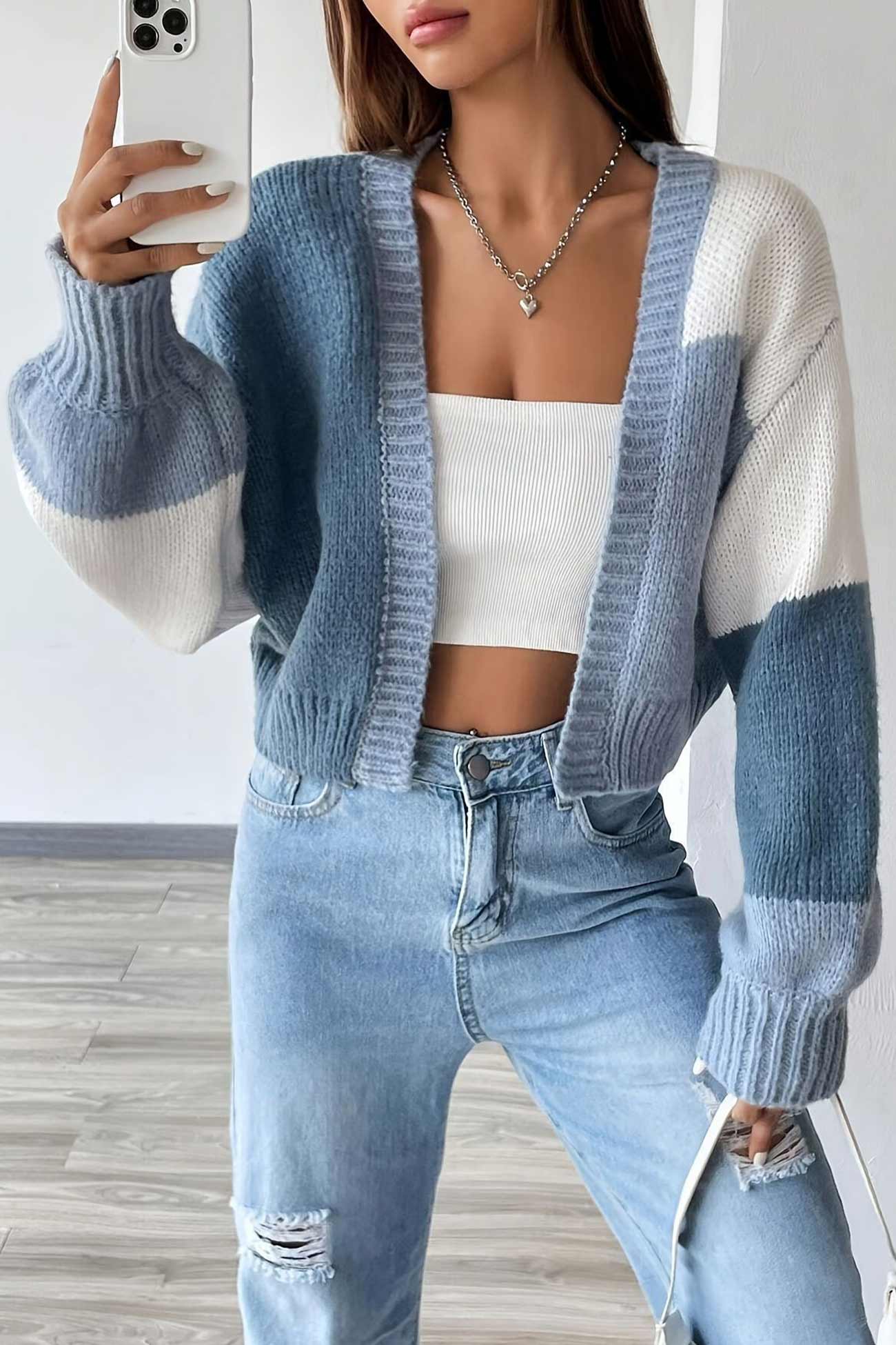 Dolores® | Colorblock Open Front Long Sleeve Cardigan