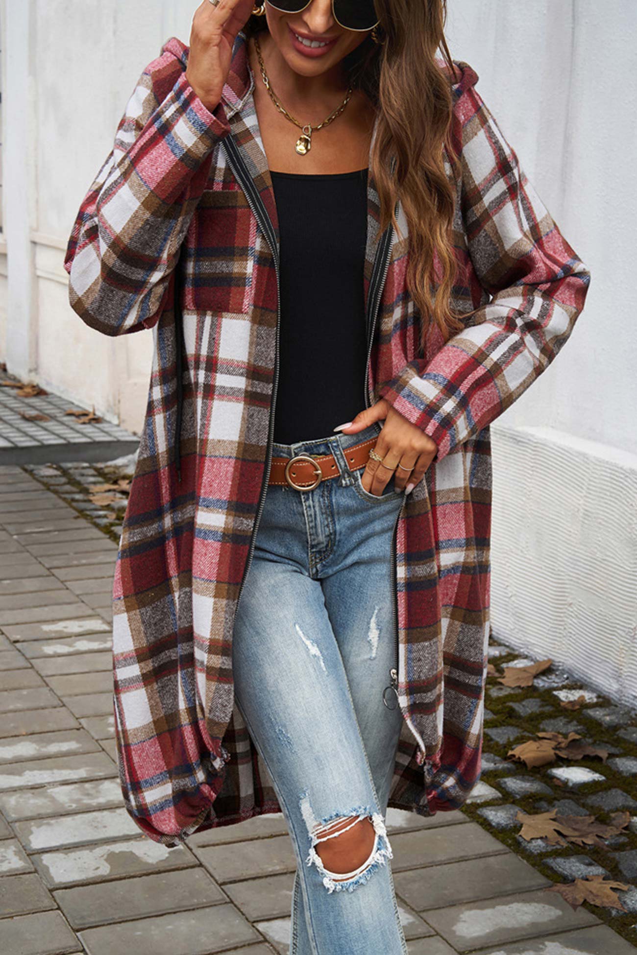 Carmen® | Mid-length hoodie with contrast check pattern and zip fastening
