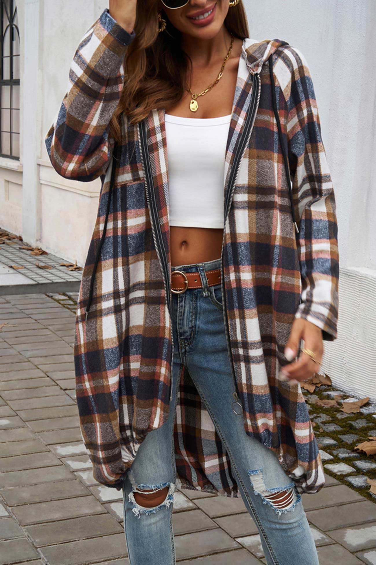 Carmen® | Mid-length hoodie with contrast check pattern and zip fastening