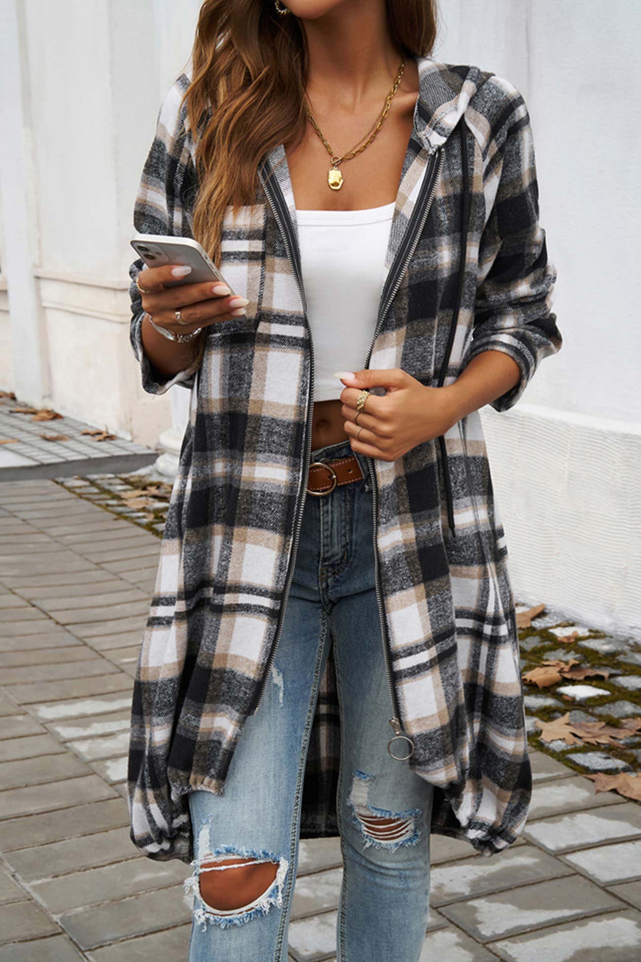 Carmen® | Mid-length hoodie with contrast check pattern and zip fastening