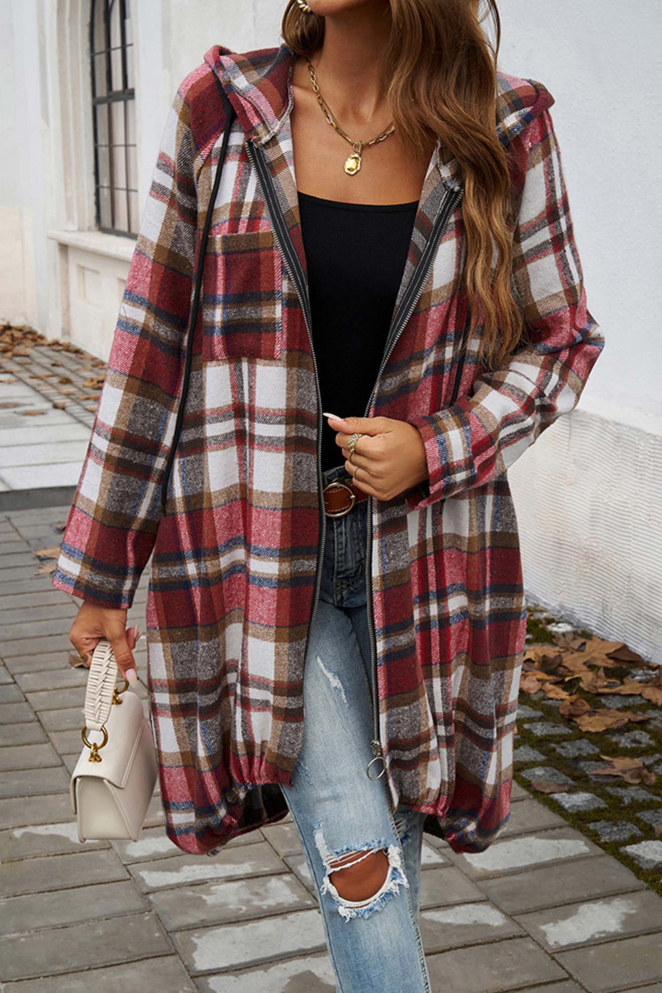 Carmen® | Mid-length hoodie with contrast check pattern and zip fastening